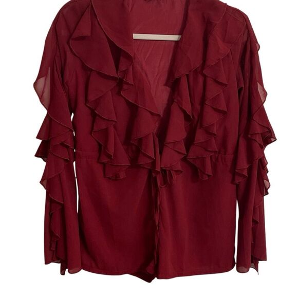 Pretty Little Things Oxblood Ruffled L/S Plunge Playsuit - Picture 1 of 8